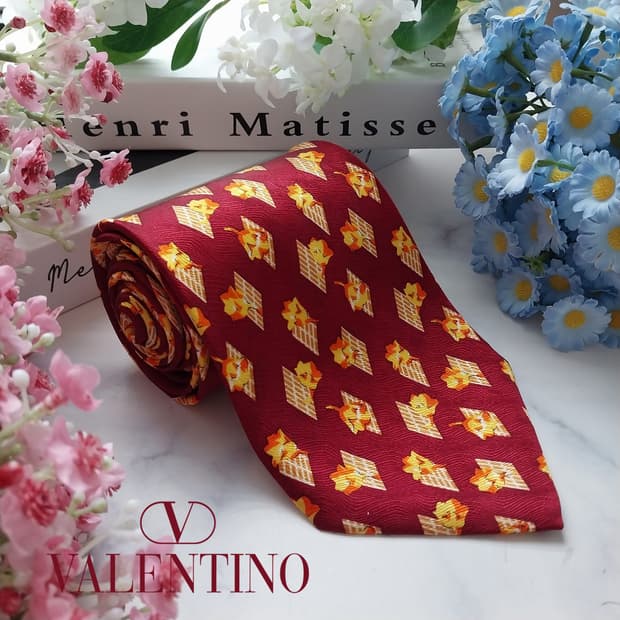 발렌티노 실크 와인 플라워 자카드 넥타이 9.9cm A+등급 K1482
