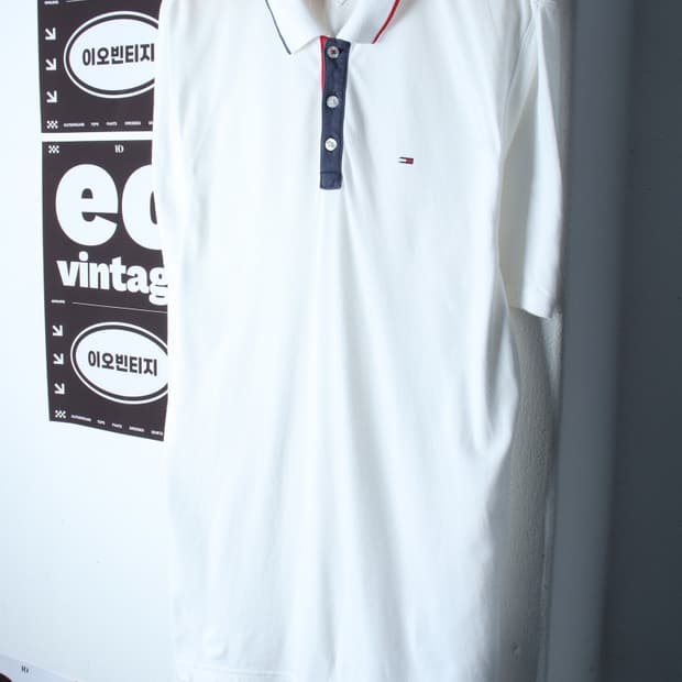 (M-XL) 타미힐피거 반팔 카라 티셔츠 오버핏 화이트-H35184