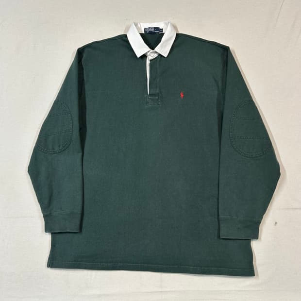 XL) 폴로 랄프로렌 빈티지 그린 럭비티 긴팔 카라티