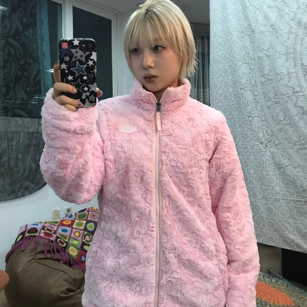 노스페이스 여성 핑크 리버시블 후리스 경량패딩 