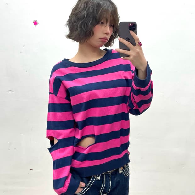 slit pink striped long sleeve