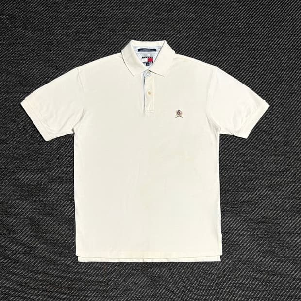 [L] Tommy 타미힐피거 아이보리 월계수 자수 반팔 카라티