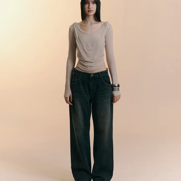 플리즈노팔로우 25Damaged Washing Wide Denim S