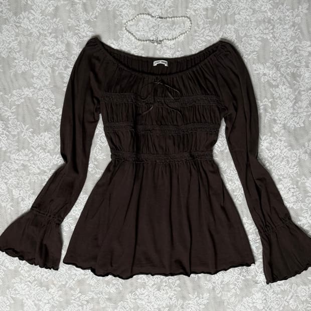 레스트로즈 브라운 밴딩 리본 블라우스