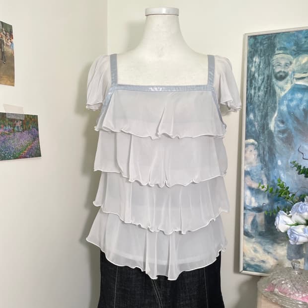 sheer bluegray ruffle beautiful blouse