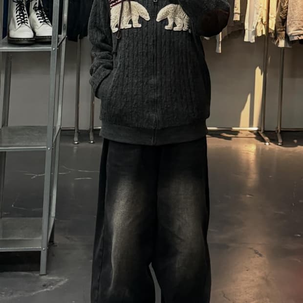 지프 곰패치 성조기 니트 후드집업 A3636