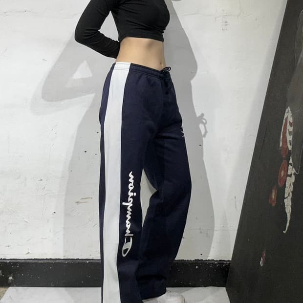 챔피온 네이비 와이드 사이드 로고 화이트 트레이닝 팬츠 추리닝 바지 