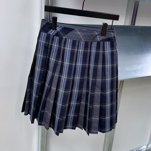 blue check pleats midi skirt