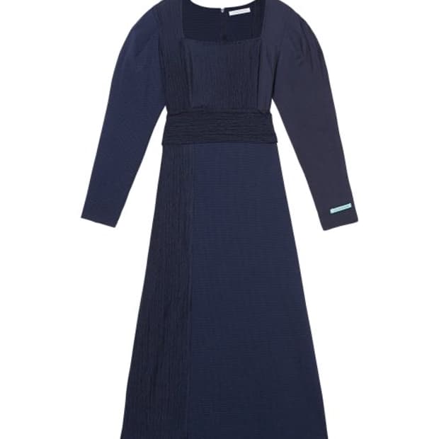 인스턴트펑크 네이비 벨티드 체크 믹스 원피스