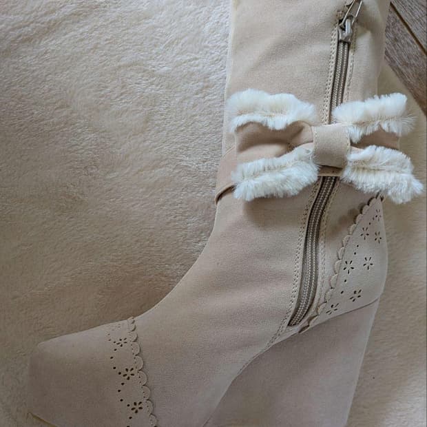 리즈리사 리본 퍼 롱부츠