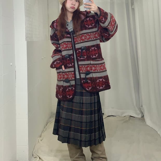 빈티지 레드 그레이 데일리 노르딕 소녀 코디 세트