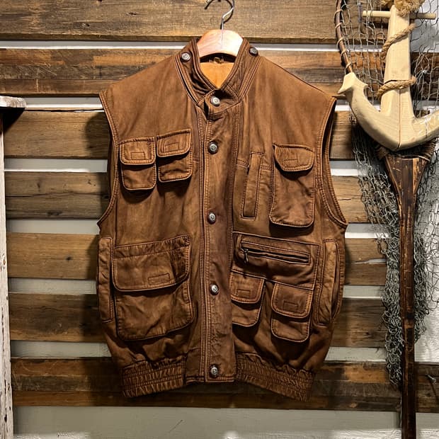 [L]90's USA 빈티지 브라운 리얼레더 멀티포켓 헌팅 베스트