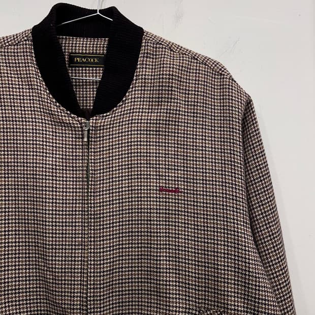 피코크 하운드패턴 숄카라 퓨어 울 집업 자켓