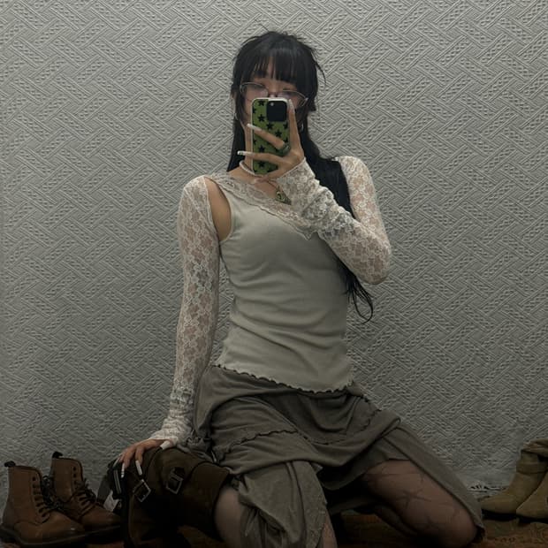 빈티지 란제리코어 Y2K 페미닌 레이스 슬리브리스 나시 K0058