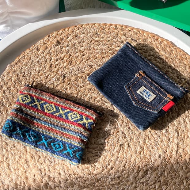일본 빈티지 에스닉 무지개떡 패치워크 데님 코인 파우치 동전 지갑