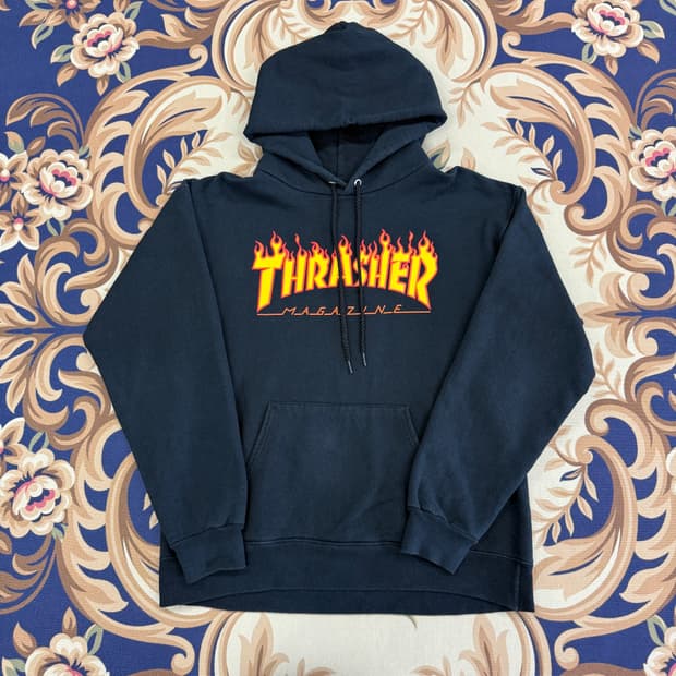 (S)트레셔 Thrasher 플레임 로고 후드티셔츠(블랙)