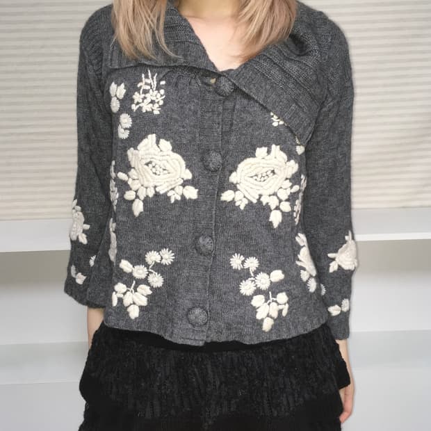 jpn vintage grey flower handwork cardiga