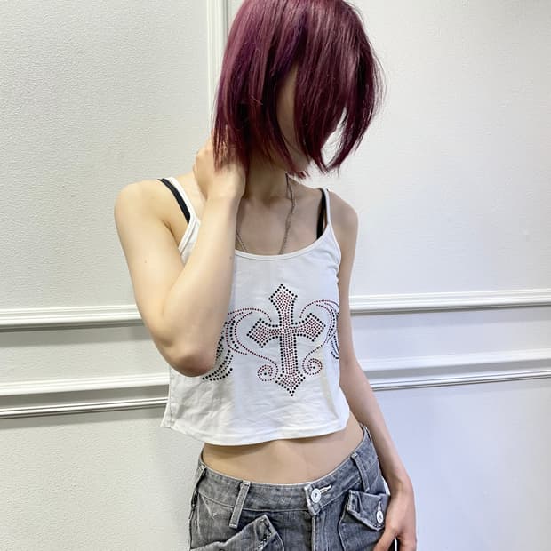Y2K 와투케 Cubic Wings&Cross crop Sleeveles