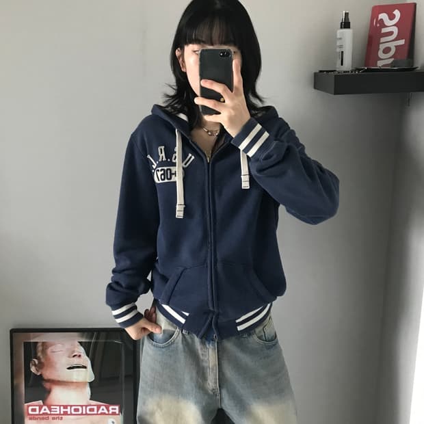 폴로 진스 컴퍼니 자수 로고 블루 후드집업