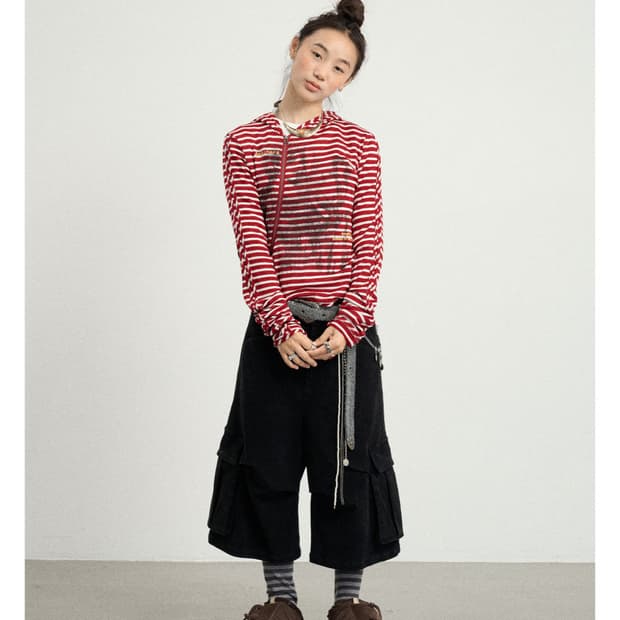 ACHIHARA 후드집업 티셔츠 스트라이프 후드넥