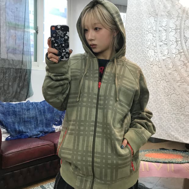스투시 기모 체크 후드집업 