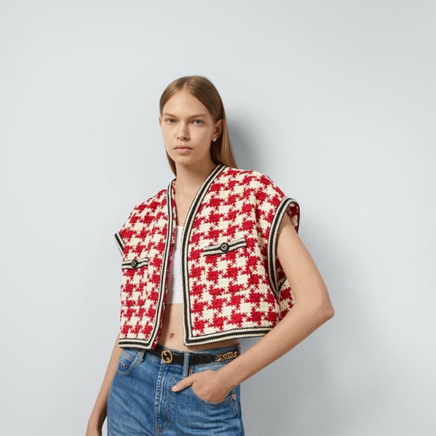 구찌 24SS 하운드투스 트위드 크롭 베스트