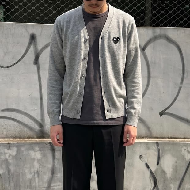 S/ 꼼데가르송 하트로고 울 그레이 가디건