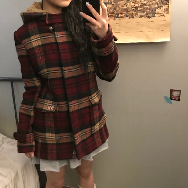 Ask 에스크 모리걸 사와코 체크 퍼 울 후드 코트