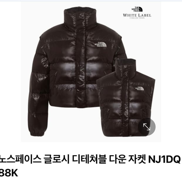 노스페이스 글로시 디테쳐블다운 자켓 NJ1DQ88K 초콜릿컬러 90(M)