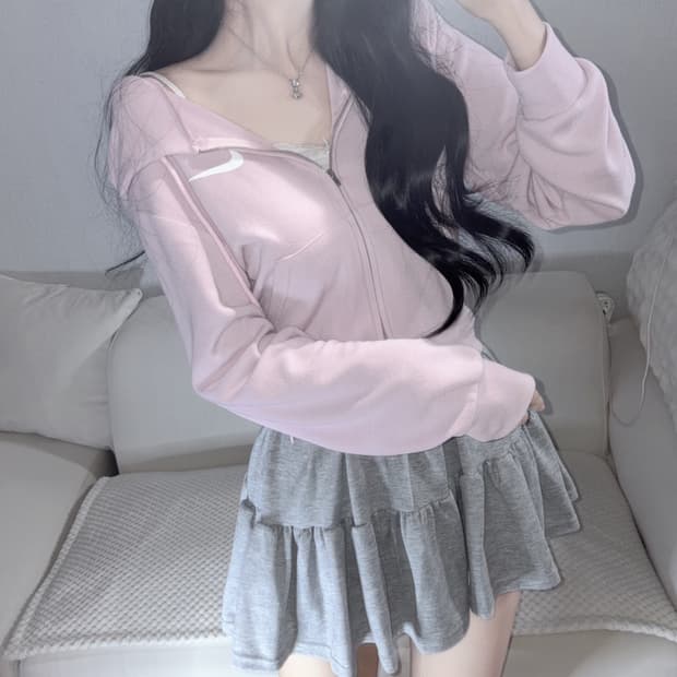 나이키 딸기우유 핑크 크롭 후드 집업 s (셋업도 가능)