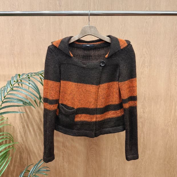 시스템 니트 가디건 스트라이프 숄카라 버튼 디테일 오렌지 브라운 배색