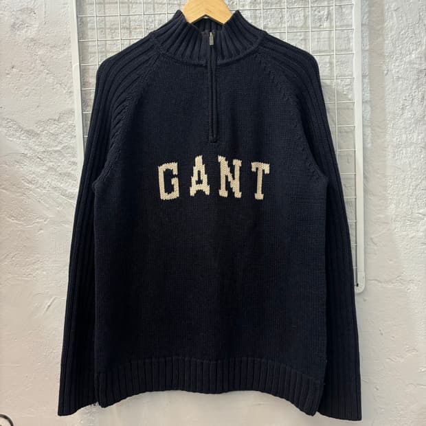 GANT 간트 빈티지 스펠아웃 네이비 반집업 니트티 L