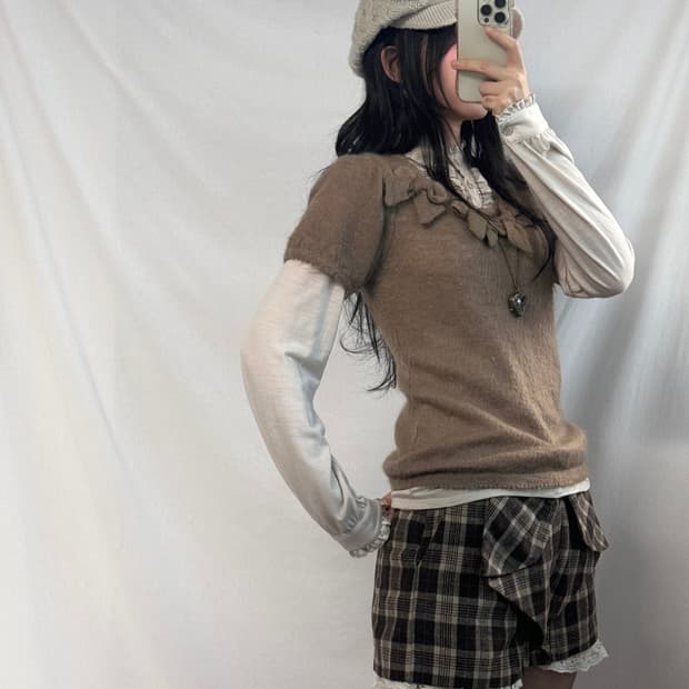 핑크하우스 모헤어 혼방 퍼프 슬리브 니트 탑