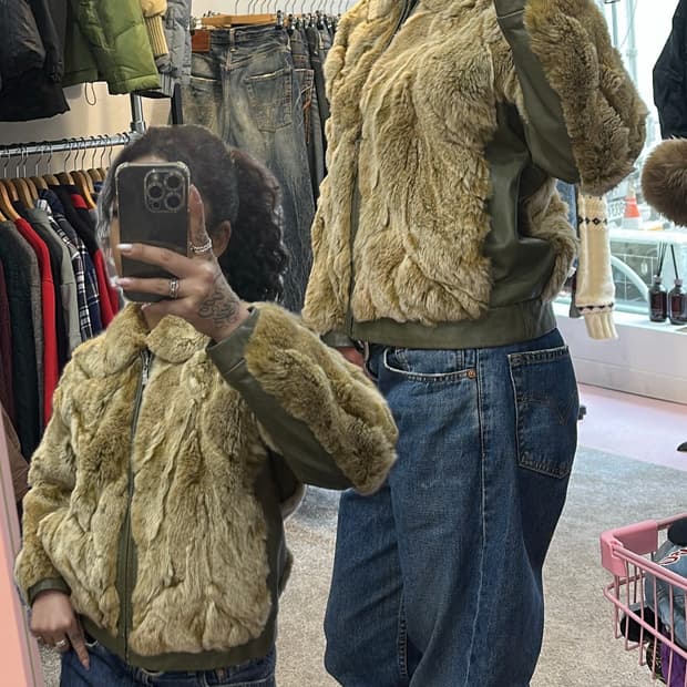 빈티지 카키 램스킨 렉스 퍼자켓(집업)M-L