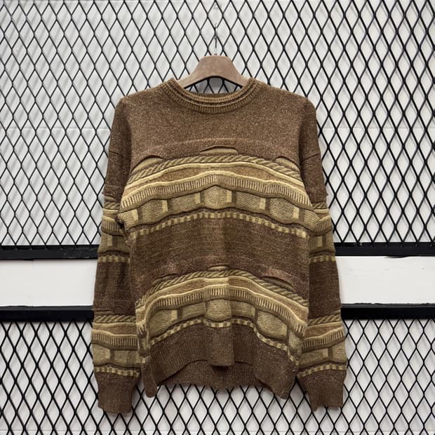 JPN VTG 기하학 패턴 울 니트 스웨터 케이블 디테일 브라운