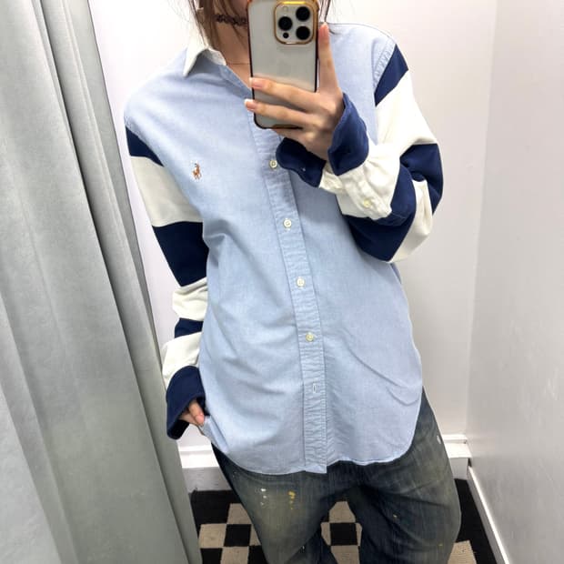 폴로 블루 화이트 스트라이프 클래식핏 셔츠 