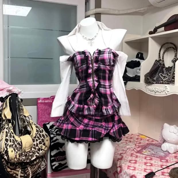 시로키티 MA*RS마즈 히메 로맨틱갸루 블랙핑크 화이트 체크 코디 셋업