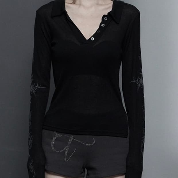 에트오소메 립 카라 타투 롱슬리브 탑 블랙 Free