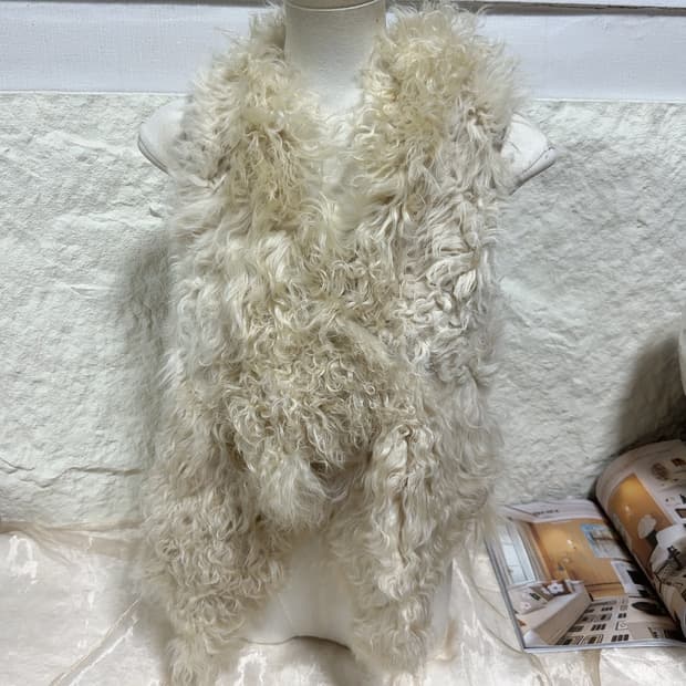 빈티지 베이지 양털 토스카나 양가죽 조끼 베스트