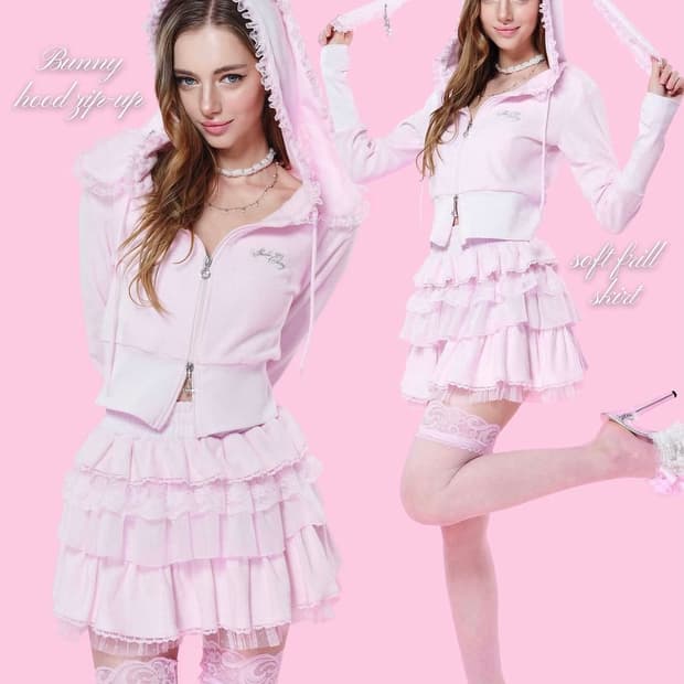 슈슈체리 버니 투웨이 후드집업 프릴 스커트 세트 판매