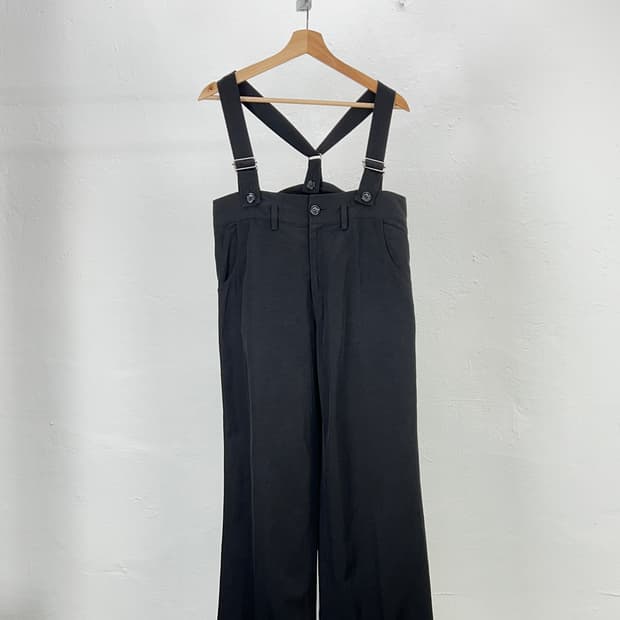 요지야마모토 와이즈 블랙 멜튼 오버롤 팬츠