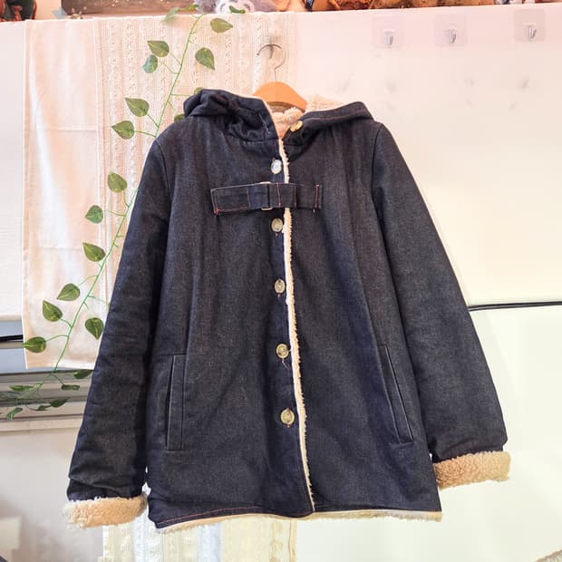 양털 안감 데님 후드 아우터