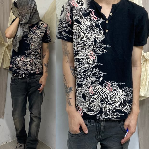 [Semantic Design]Oriental Print Black Te