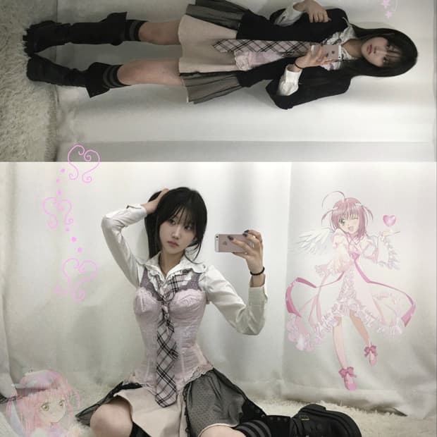 Rojita 로지타 캐캐체 엔젤 아무 핑크 공겜여주깔 프레피 코디세트