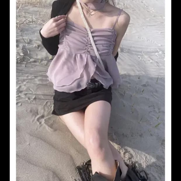 엔젤넘버555 로즈 슬리브리스 셔링 탑 M