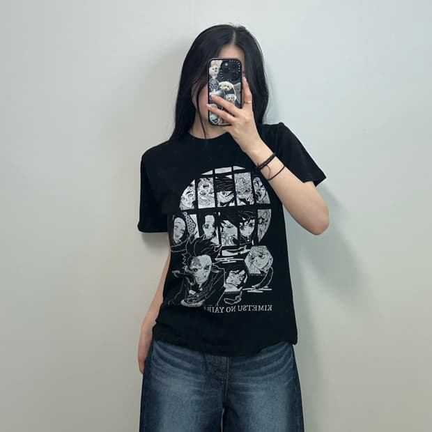 Vintage 귀멸의 칼날 블랙 오타쿠 티셔츠