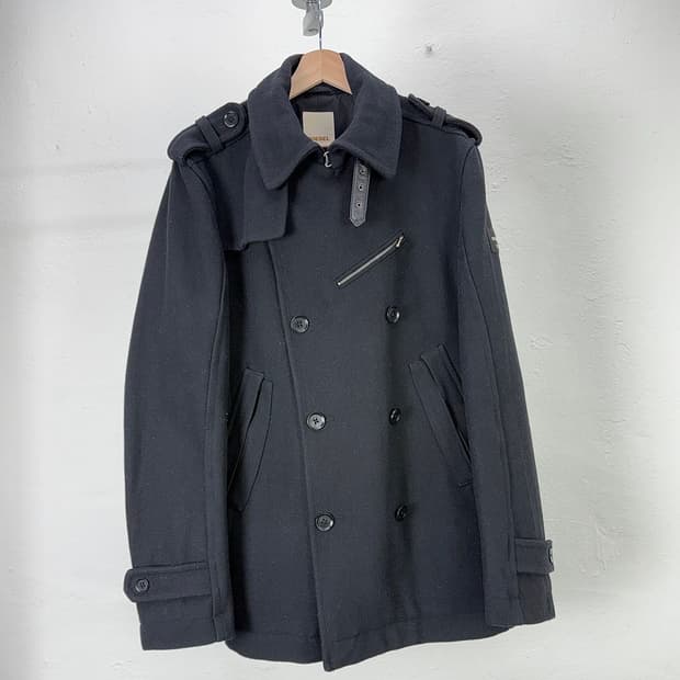 디젤 00s 블랙 투웨이 울 벨티드 카라 밀리터리 하프 코트