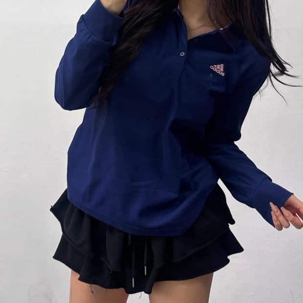 아디다스 네이비 핑크 메쉬 럭비셔츠 카라넥 슬리브(100)
