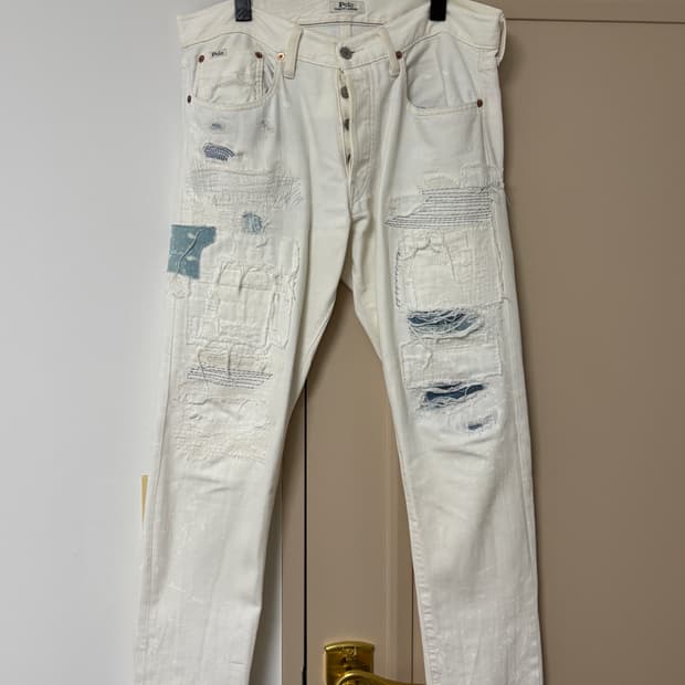 폴로 랄프로렌 화이트 데미지 패치 청바지 32x30