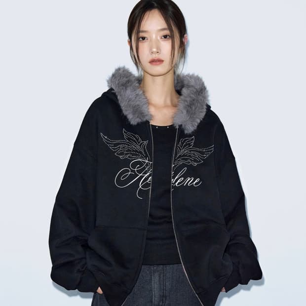 헬레네파리스 엔젤 레터링 퍼 트리밍 후드 집업